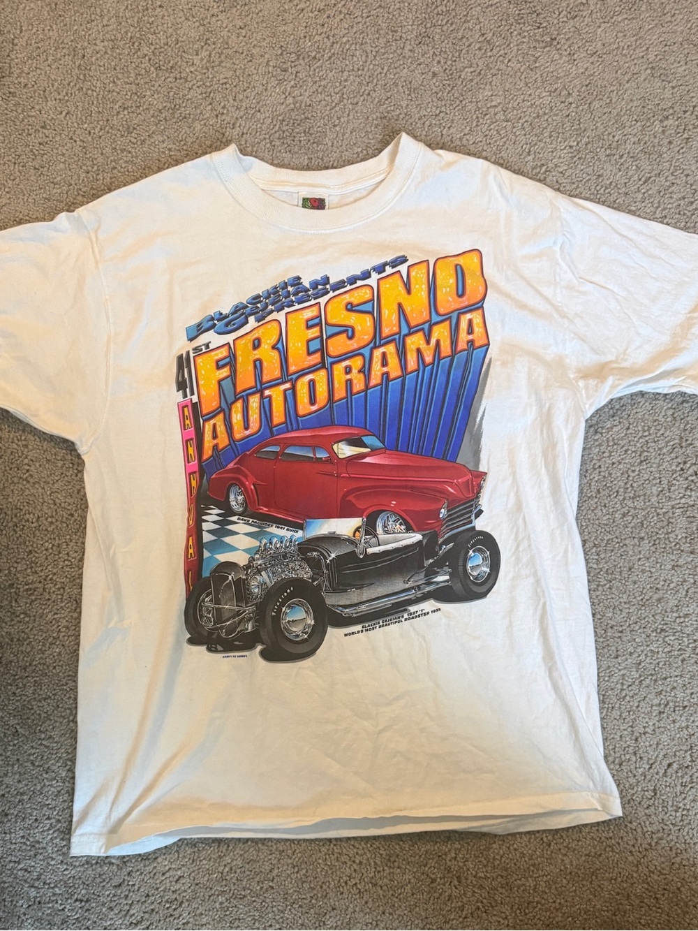 Fresno Autorama Graphic T-Shirt - White with Red & Blue Cars